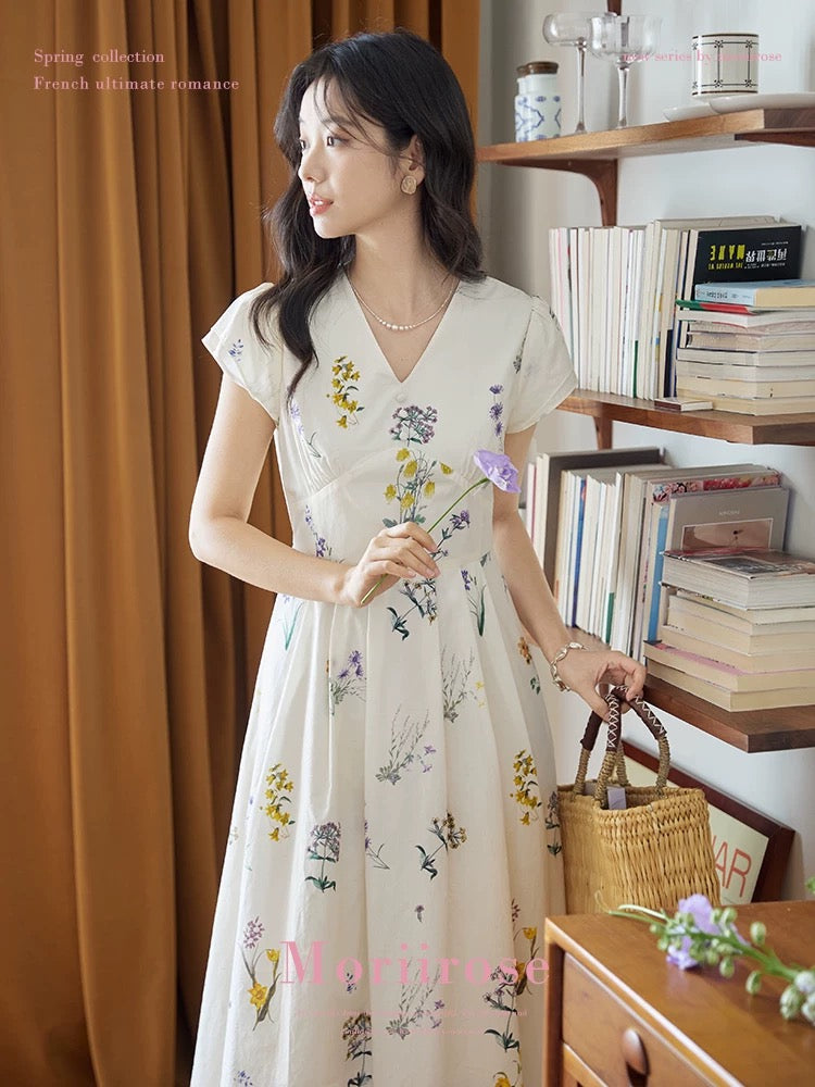 Moriirose double sleeve plant print dress women's summer retro high waist slim v-neck mid-length skirt