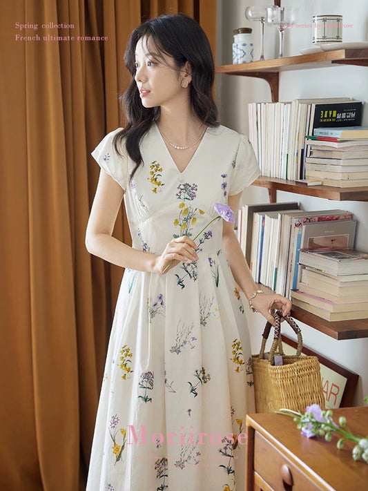 Moriirose double sleeve plant print dress women's summer retro high waist slim v-neck mid-length skirt