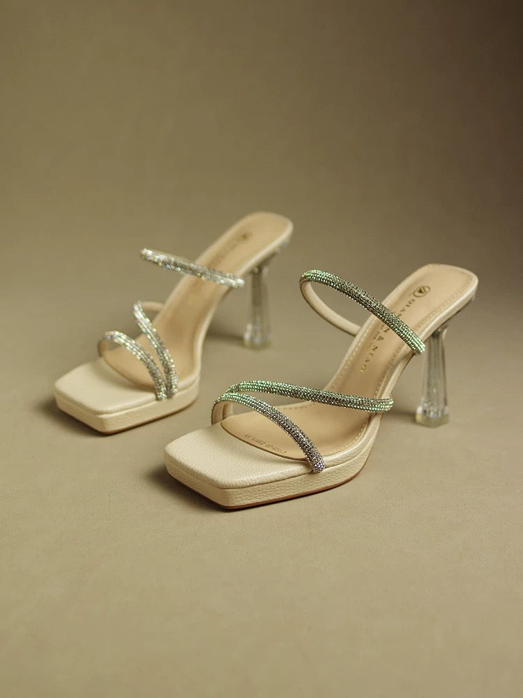 Rhinestone thin strap sandals for women summer 2023 new internet celebrity super hot 10 cm high heels stiletto heels elegant ladies