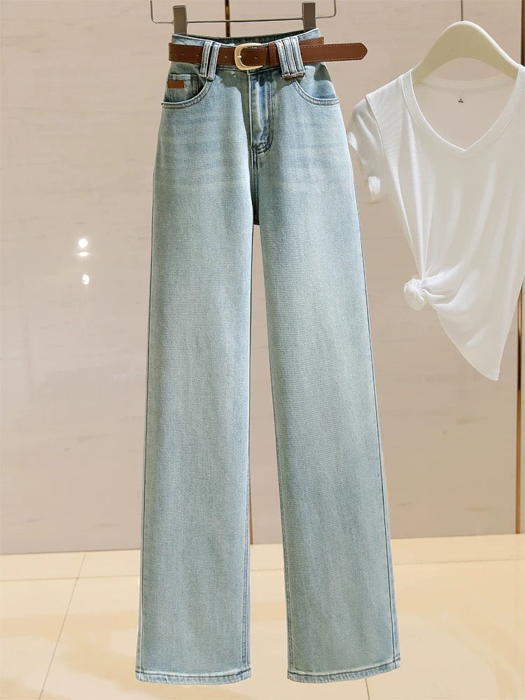 Light Blue Narrow Wide Leg Jeans Women's High Waist 2024 Spring New Loose Slimming Stretch Versatile Straight Pants
