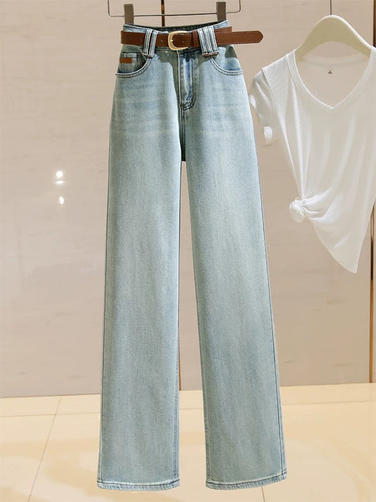 Light Blue Narrow Wide Leg Jeans Women's High Waist 2024 Spring New Loose Slimming Stretch Versatile Straight Pants