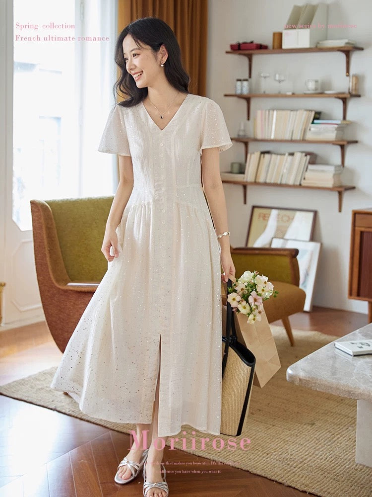 Moriirose beige ink-splashed print flying sleeve dress for women in summer retro high waist slim temperament mid-length dress