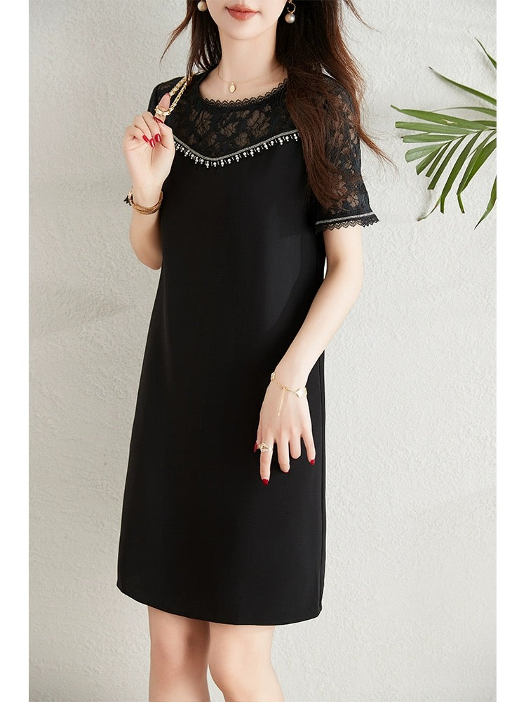 Lace splicing dress for women 2024 summer new French style small loose slim temperament commuter a-line skirt