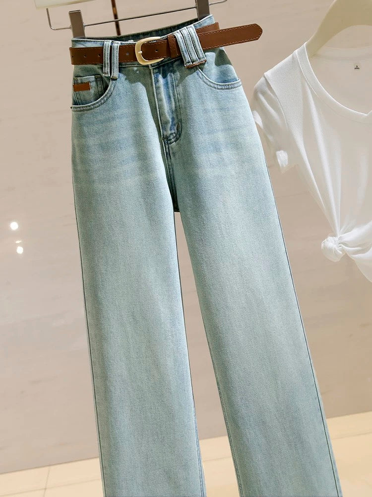 Light Blue Narrow Wide Leg Jeans Women's High Waist 2024 Spring New Loose Slimming Stretch Versatile Straight Pants