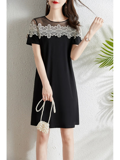 Mesh lace splicing black dress for women summer 2024 new style small loose slimming straight skirt