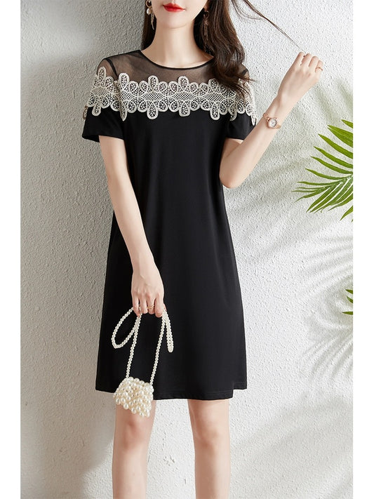 Mesh lace splicing black dress for women summer 2024 new style small loose slimming straight skirt