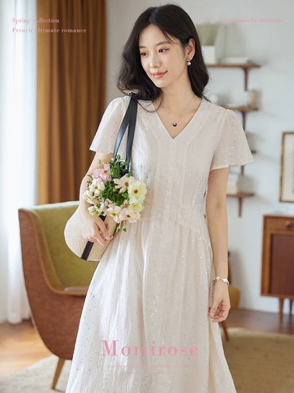 Moriirose beige ink-splashed print flying sleeve dress for women in summer retro high waist slim temperament mid-length dress