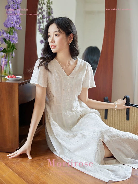 Moriirose beige ink-splashed print flying sleeve dress for women in summer retro high waist slim temperament mid-length dress