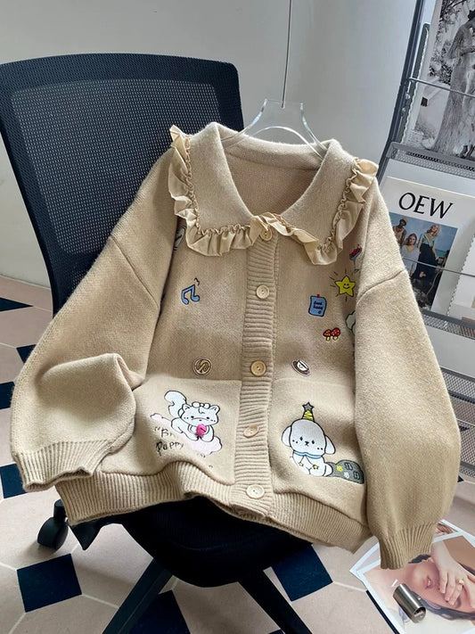 Lace baby collar sweater cardigan women autumn and winter 2024 new loose outer wear design lazy style knitted jacket