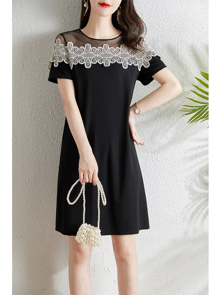 Mesh lace splicing black dress for women summer 2024 new style small loose slimming straight skirt