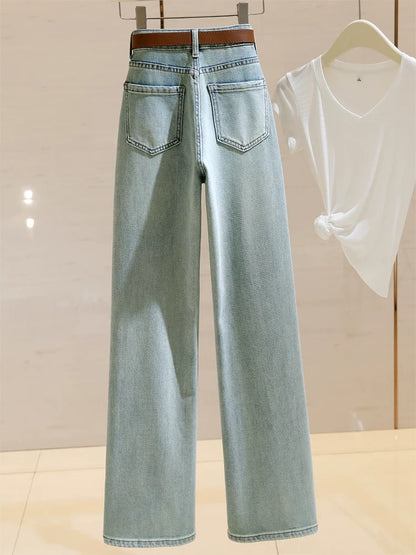 Light Blue Narrow Wide Leg Jeans Women's High Waist 2024 Spring New Loose Slimming Stretch Versatile Straight Pants