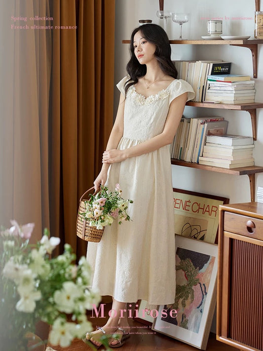 Moriirose beige three-dimensional flower embroidery flying sleeve dress female summer retro high waist slim mid-length skirt