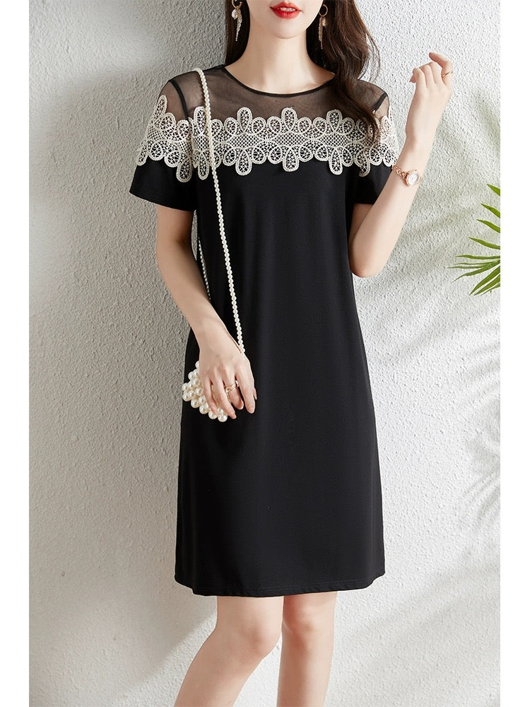Mesh lace splicing black dress for women summer 2024 new style small loose slimming straight skirt