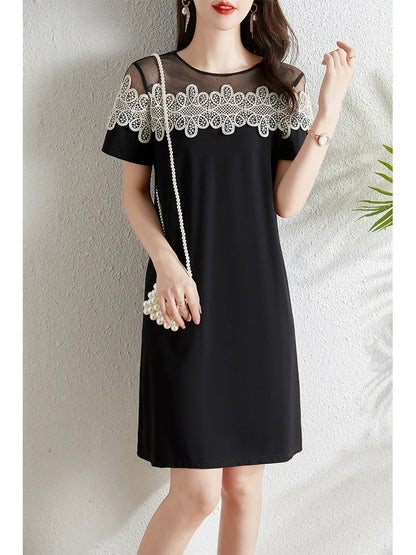 Mesh lace splicing black dress for women summer 2024 new style small loose slimming straight skirt