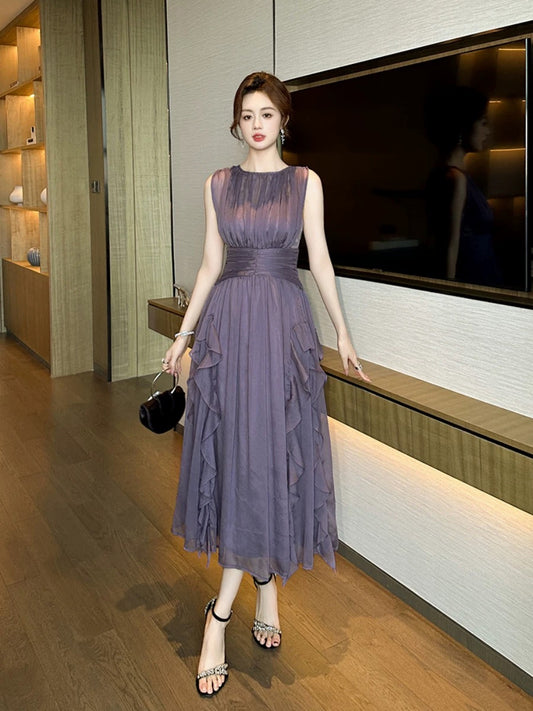 Unique niche designer dress from Europe, high-end and super pretty purple sleeveless dress for seaside vacation