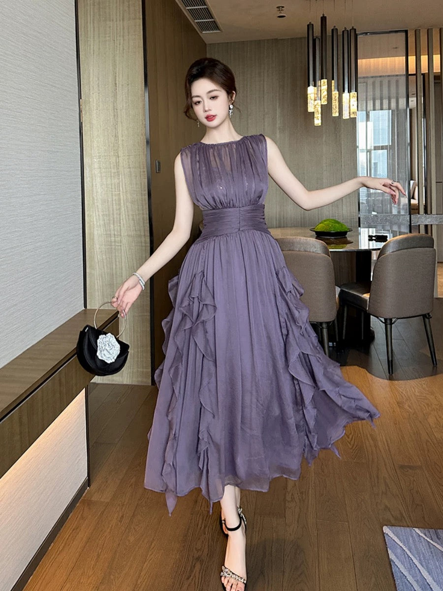 Unique niche designer dress from Europe, high-end and super pretty purple sleeveless dress for seaside vacation