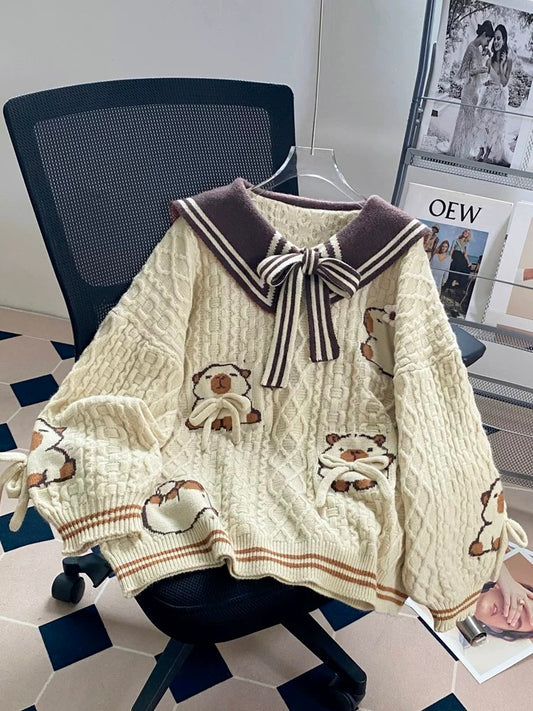 College style navy collar pullover sweater women 2025 autumn and winter new loose lazy outer wear bow knitted jacket
