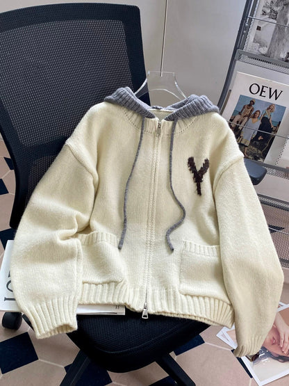 Soft and retro splicing hooded sweater jacket for women autumn and winter loose lazy style knitted cardigan design top