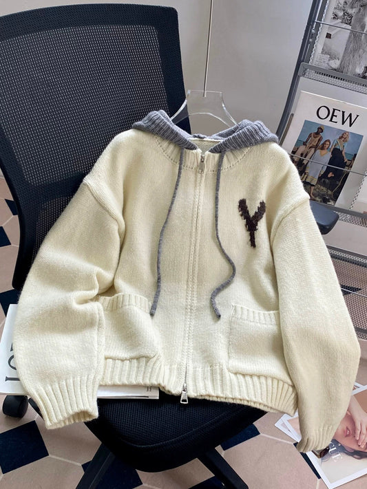 Soft and retro splicing hooded sweater jacket for women autumn and winter loose lazy style knitted cardigan design top