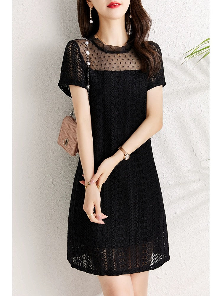 Black lace dress for women summer 2024 new style, belly-covering, slimming, slightly chubby mm design, unique lace skirt