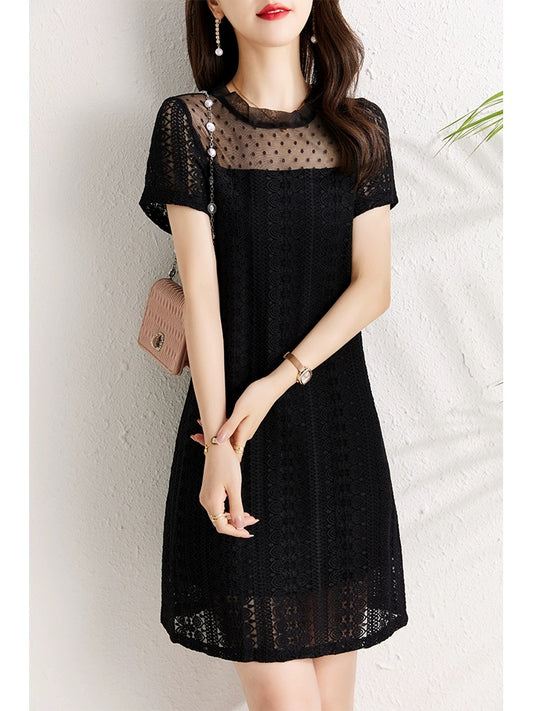 Black lace dress for women summer 2024 new style, belly-covering, slimming, slightly chubby mm design, unique lace skirt