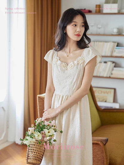 Moriirose beige three-dimensional flower embroidery flying sleeve dress female summer retro high waist slim mid-length skirt