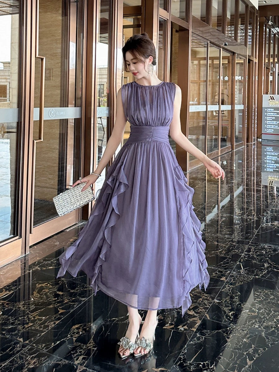 Unique niche designer dress from Europe, high-end and super pretty purple sleeveless dress for seaside vacation