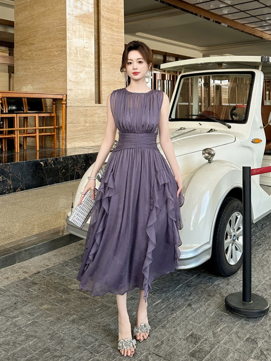 Unique niche designer dress from Europe, high-end and super pretty purple sleeveless dress for seaside vacation