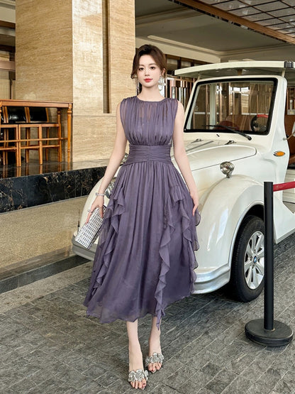 Unique niche designer dress from Europe, high-end and super pretty purple sleeveless dress for seaside vacation