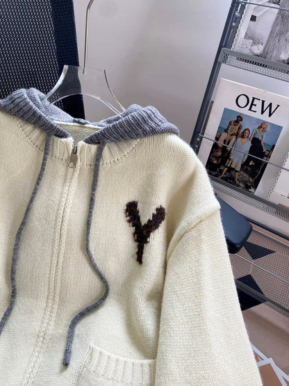 Soft and retro splicing hooded sweater jacket for women autumn and winter loose lazy style knitted cardigan design top