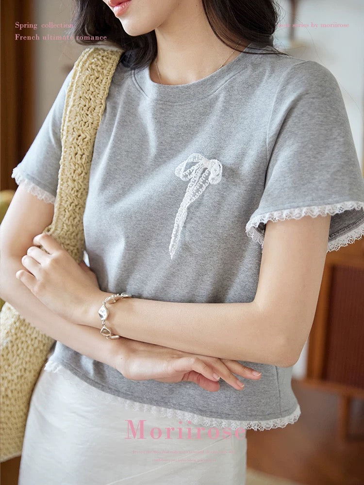 Moriirose gray round neck lace stitching design bow short-sleeved T-shirt female summer retro short top