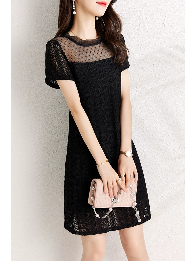 Black lace dress for women summer 2024 new style, belly-covering, slimming, slightly chubby mm design, unique lace skirt