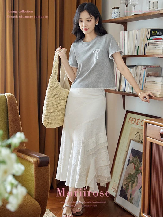 Moriirose gray round neck lace stitching design bow short-sleeved T-shirt female summer retro short top