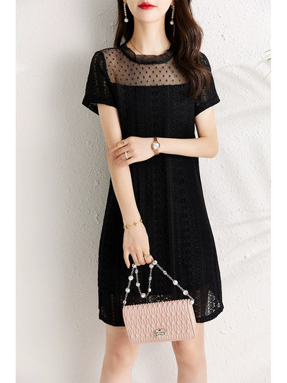 Black lace dress for women summer 2024 new style, belly-covering, slimming, slightly chubby mm design, unique lace skirt