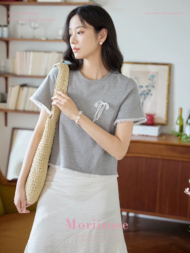 Moriirose gray round neck lace stitching design bow short-sleeved T-shirt female summer retro short top