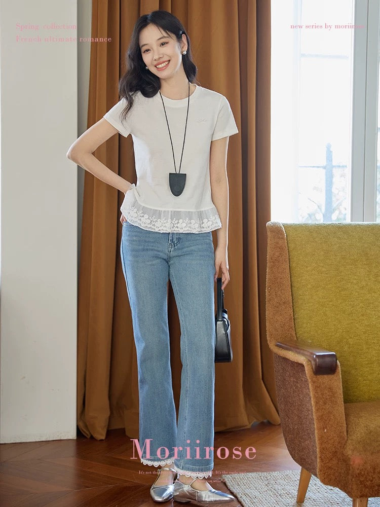 Moriirose lace design flared nine-point blue jeans women's summer retro high waist slim pants