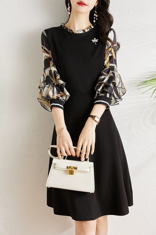 Spring 2024 new Korean style mid-length waist slimming fashionable three-quarter sleeve A-line dress for women