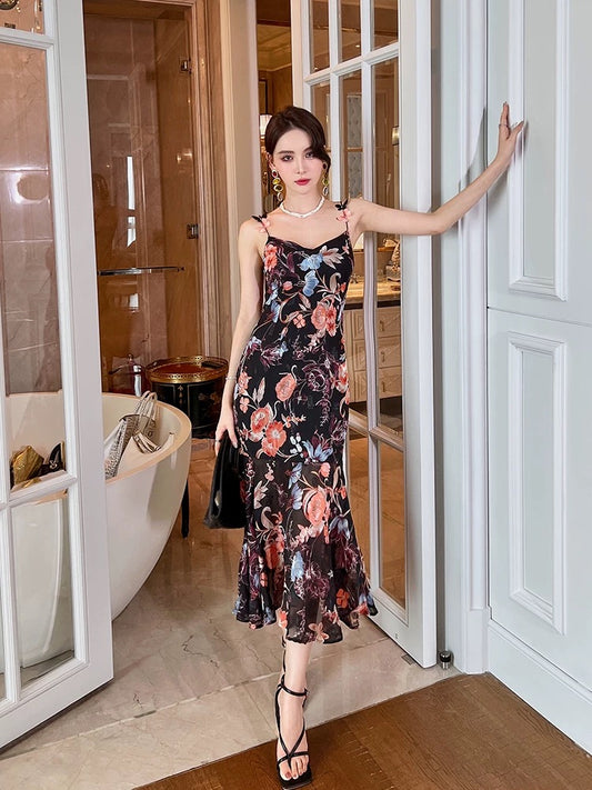 Hong Kong style retro floral suspender dress for women summer feminine high-end chiffon temperament fishtail hip long skirt