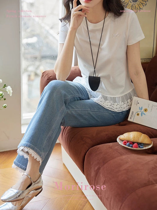 Moriirose lace design flared nine-point blue jeans women's summer retro high waist slim pants