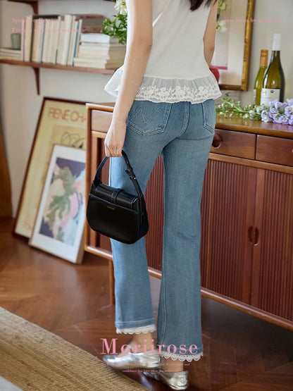 Moriirose lace design flared nine-point blue jeans women's summer retro high waist slim pants