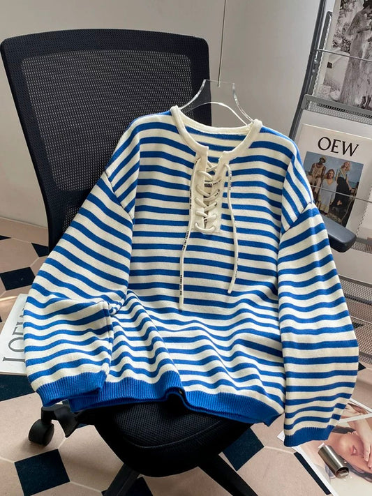 Striped tie-strap design pullover sweater for women, loose and lazy Korean style knitted sweater long-sleeved top for autumn