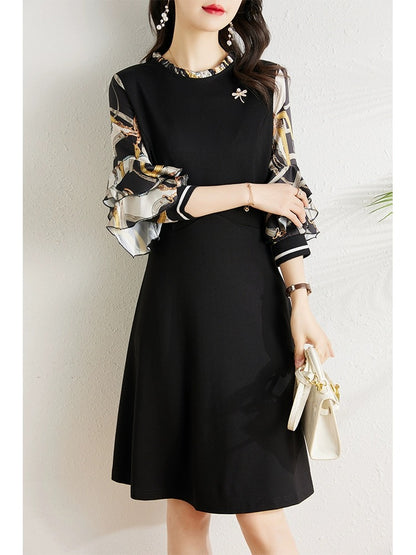 Spring 2024 new Korean style mid-length waist slimming fashionable three-quarter sleeve A-line dress for women