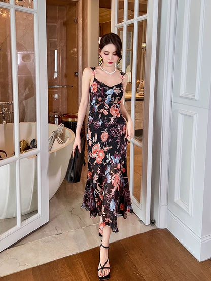 Hong Kong style retro floral suspender dress for women summer feminine high-end chiffon temperament fishtail hip long skirt