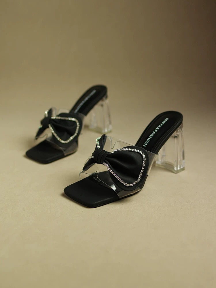 Rhinestone bow high-heeled slippers for women's outerwear 2023 new transparent thick heel square toe shoes for ladies with summer temperament