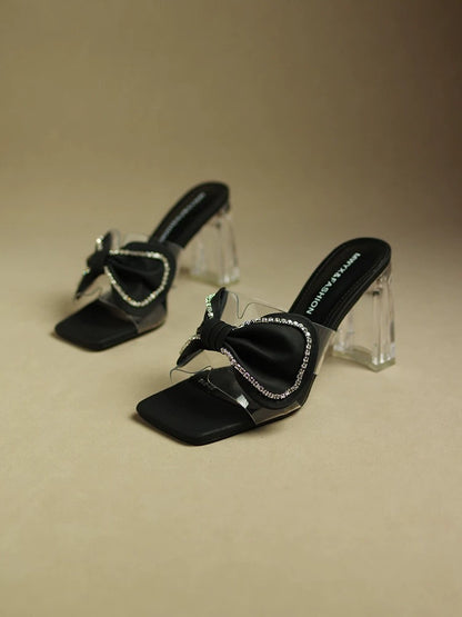 Rhinestone bow high-heeled slippers for women's outerwear 2023 new transparent thick heel square toe shoes for ladies with summer temperament