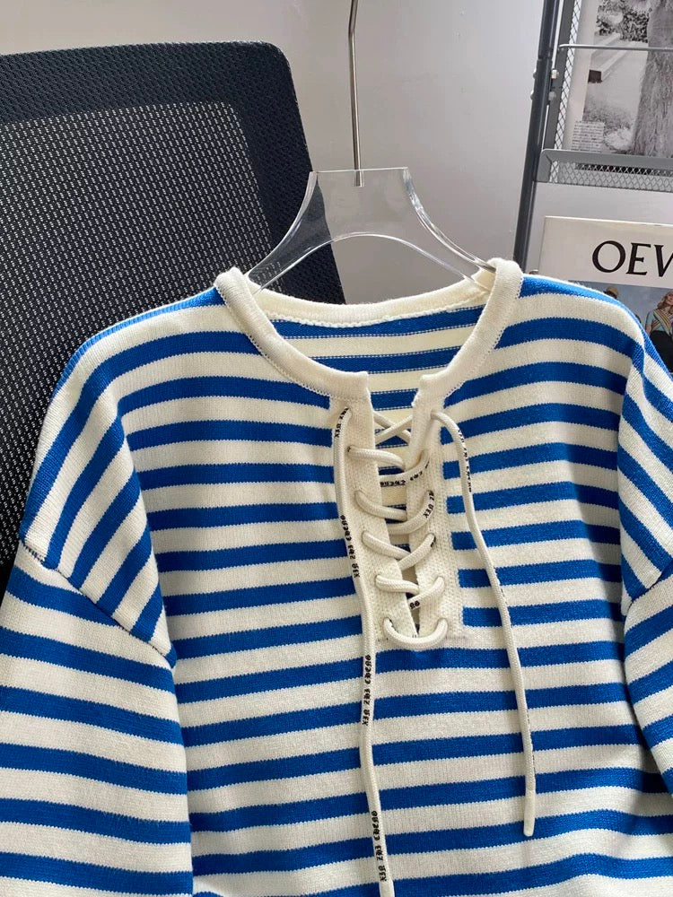 Striped tie-strap design pullover sweater for women, loose and lazy Korean style knitted sweater long-sleeved top for autumn