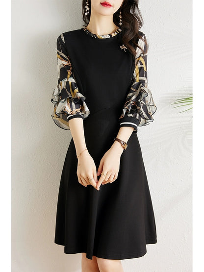 Spring 2024 new Korean style mid-length waist slimming fashionable three-quarter sleeve A-line dress for women