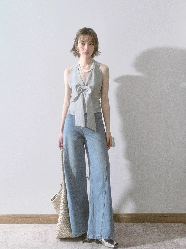 Liparpa Qilixiang bow tie holiday style striped vintage feel halter neck top sleeveless shirt