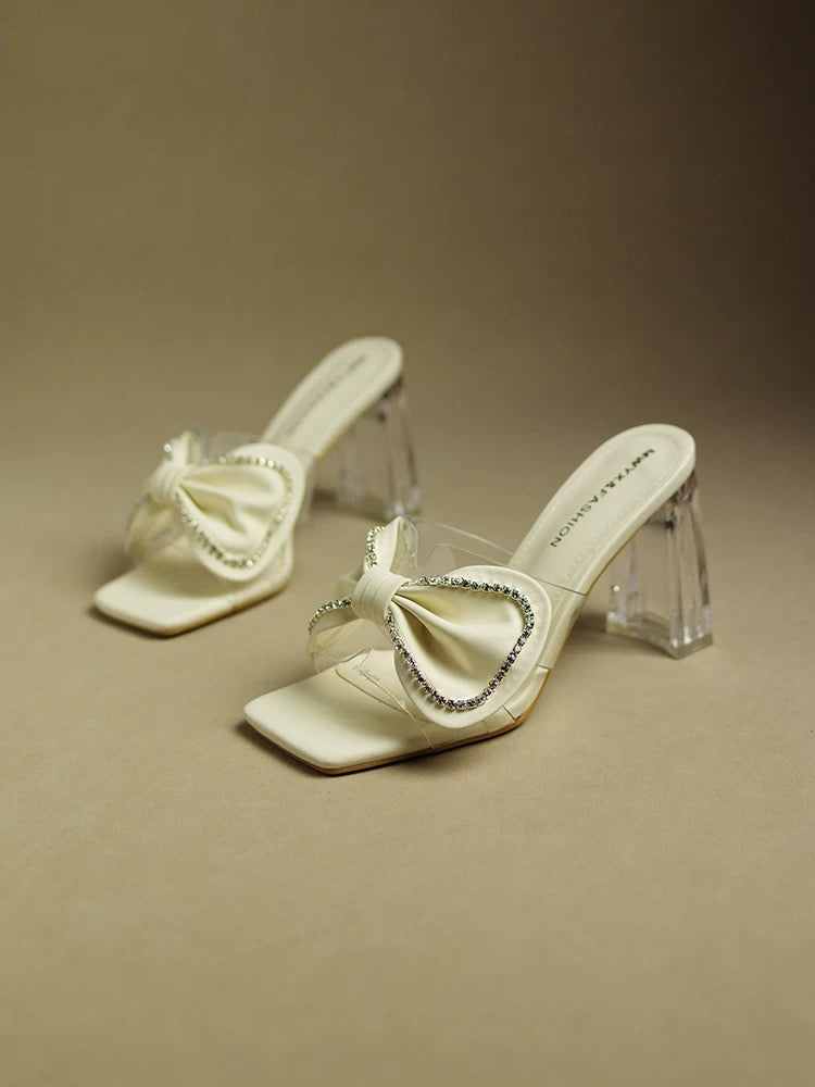 Rhinestone bow high-heeled slippers for women's outerwear 2023 new transparent thick heel square toe shoes for ladies with summer temperament