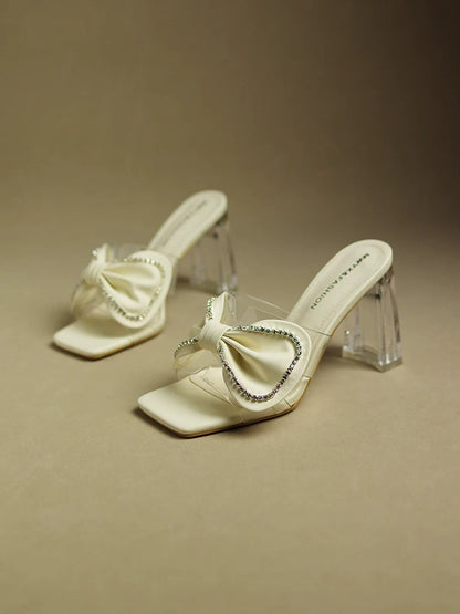 Rhinestone bow high-heeled slippers for women's outerwear 2023 new transparent thick heel square toe shoes for ladies with summer temperament